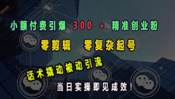 小额付费引爆 300 + 精准创业粉，零剪辑、零复杂起号，话术撬动被动引流，当日实操即见成效-爱资源库-最大的免费资源库Azyku.com